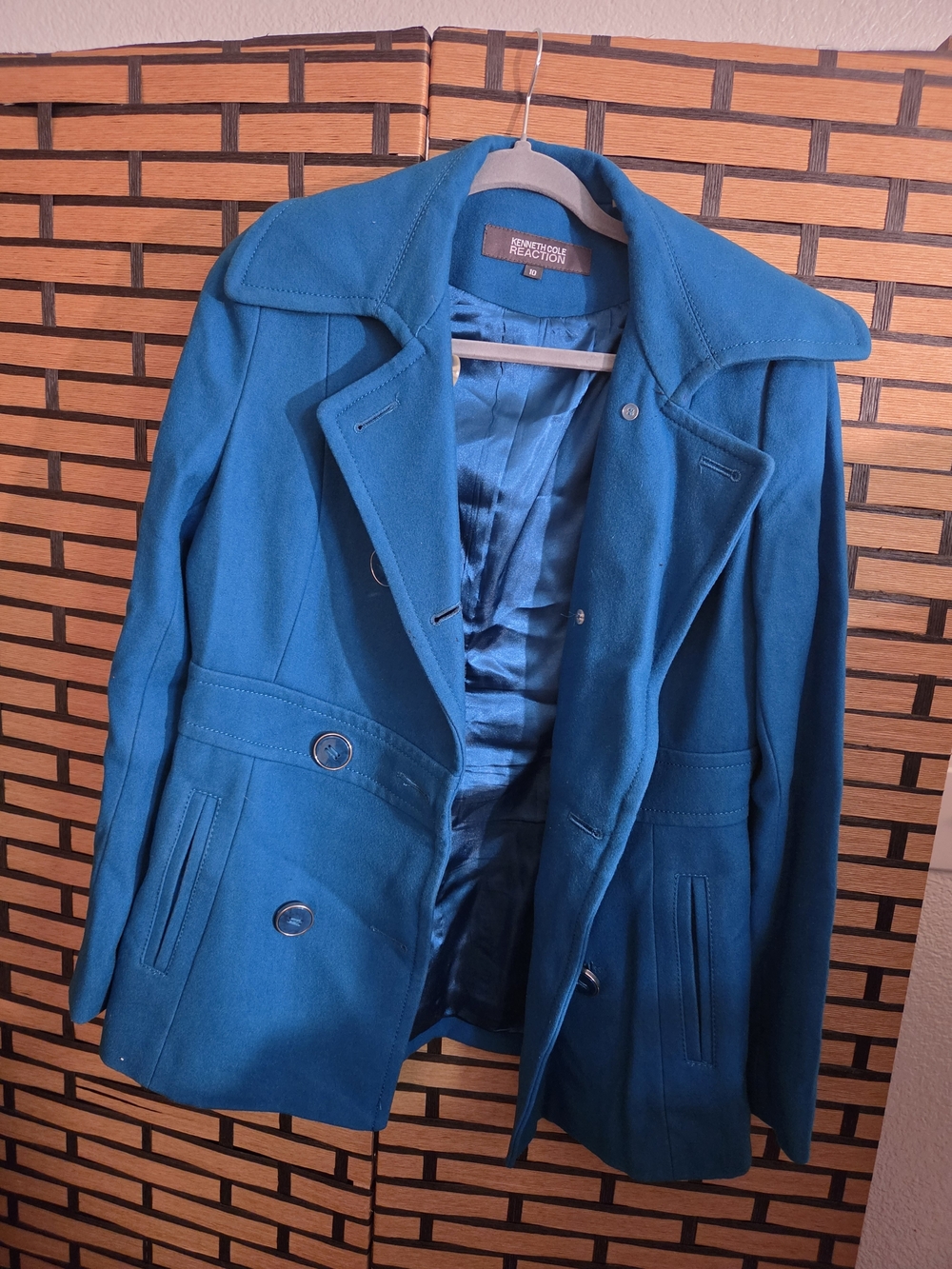 Kenneth Cole Reaction Teal Blue Double Breasted Wool Blend Pea Coat Sz 10